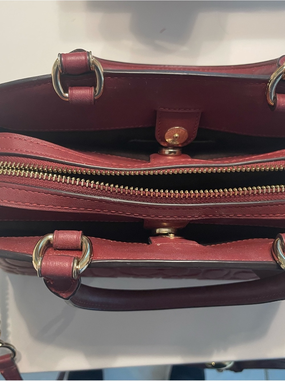 Coach Embossed Signature Satchel — Burgundy with Gold Hardware - Picture 3 of 3